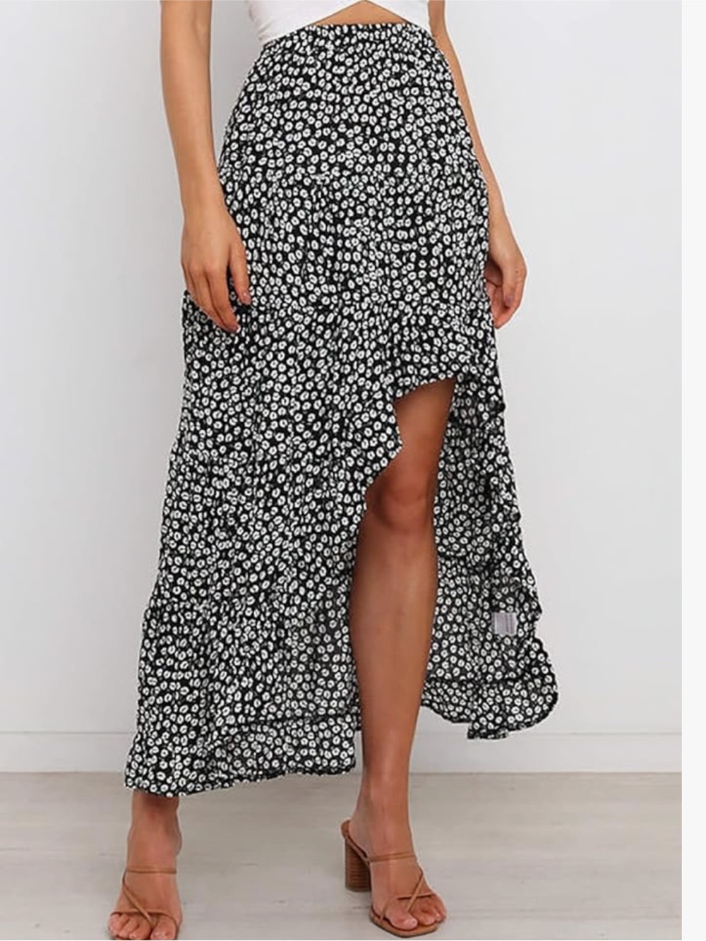 Ditsy Floral High-Low Maxi Skirt - Black/White/Green, XL NWT Bohemian Ruffle